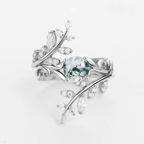 Minimalist Edge Round Shaped Vine Moss Agate Engagement Ring Sets 2PCS