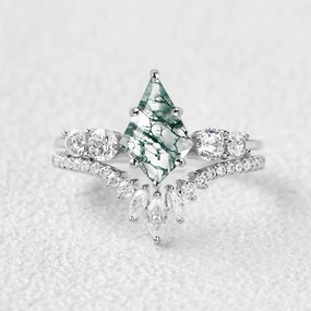 Round Staccato Kite Cut Moss Agate Engagement Ring Set 2pcs Layered Edge