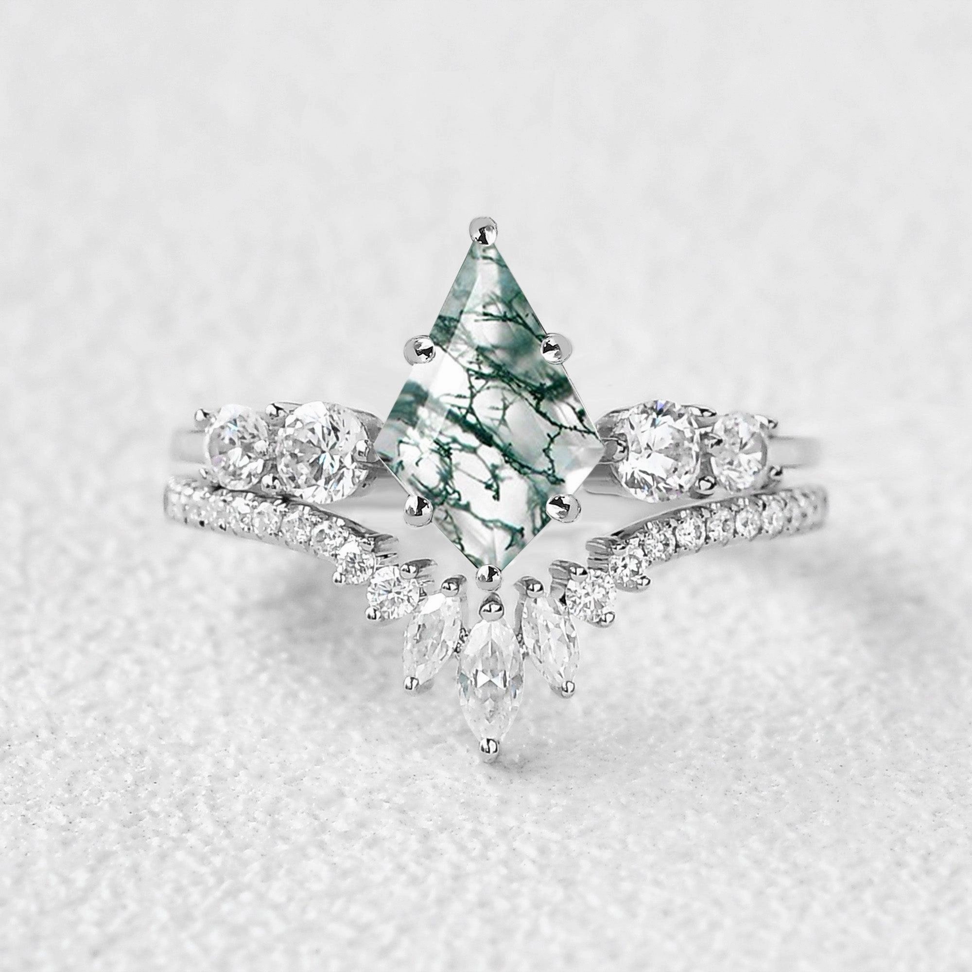 Round Staccato Kite Cut Moss Agate Engagement Ring Set 2pcs Layered Edge