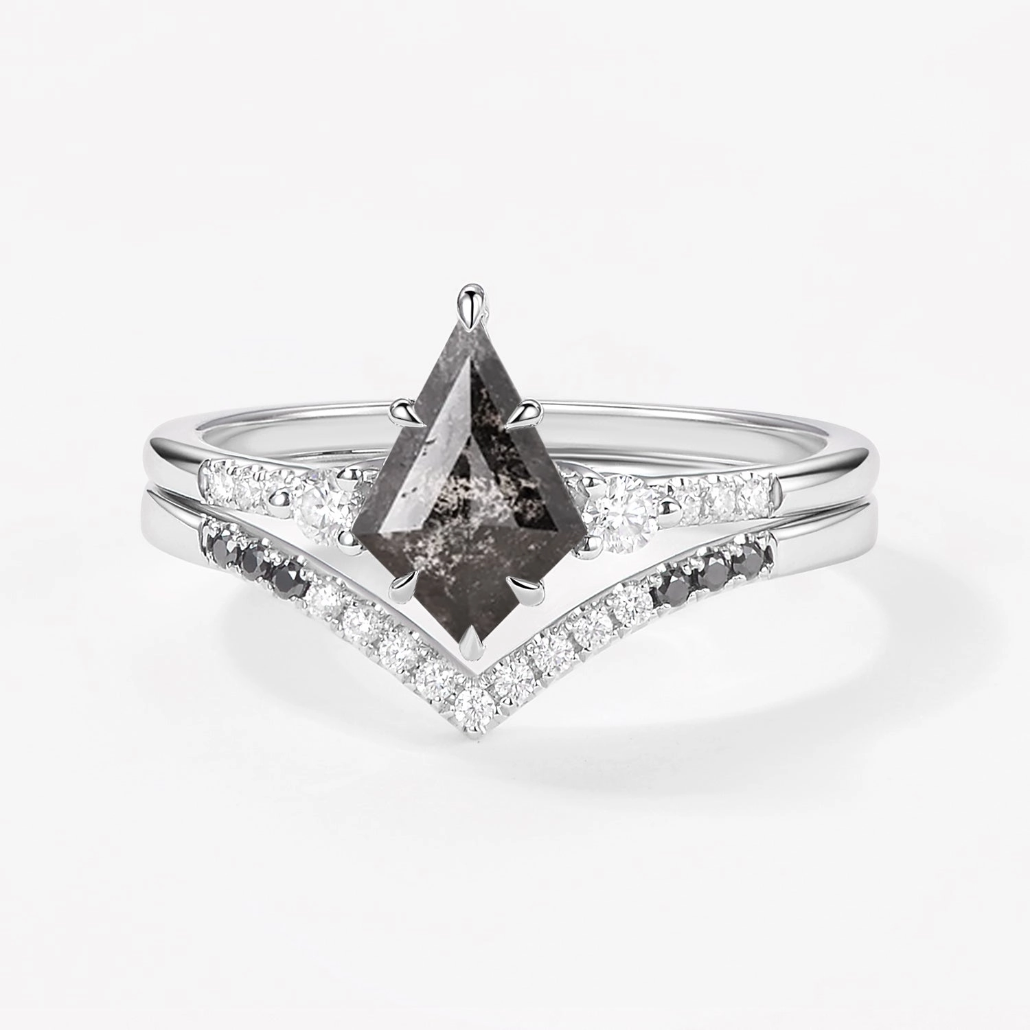 Vintage Mark Salt and Pepper Diamonds & Black Moissanite Engagement Ring Set 2pcs