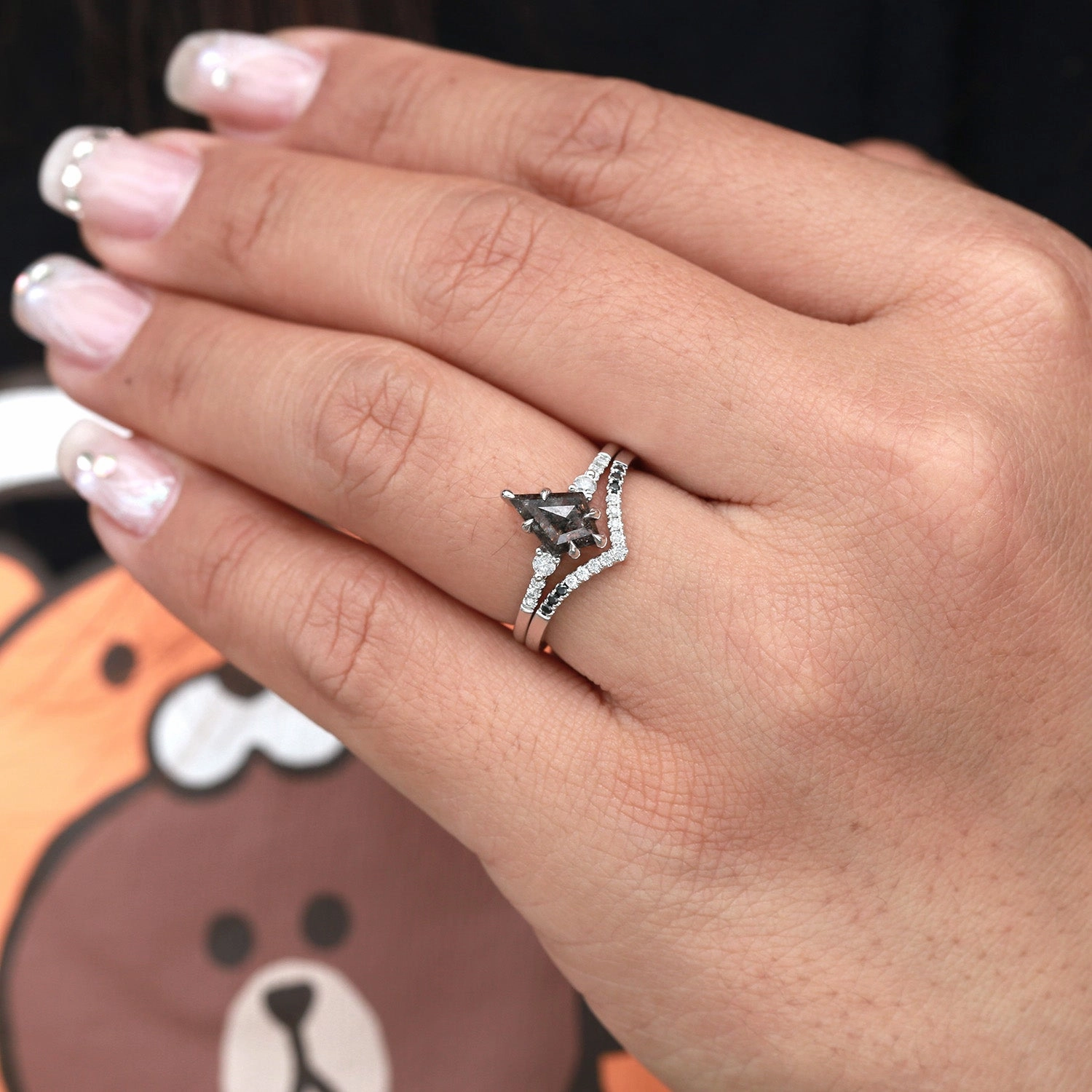 Salt and Pepper Diamonds & Black Moissanite Engagement Ring Set 2pcs Nighttime Gift Premium Craft