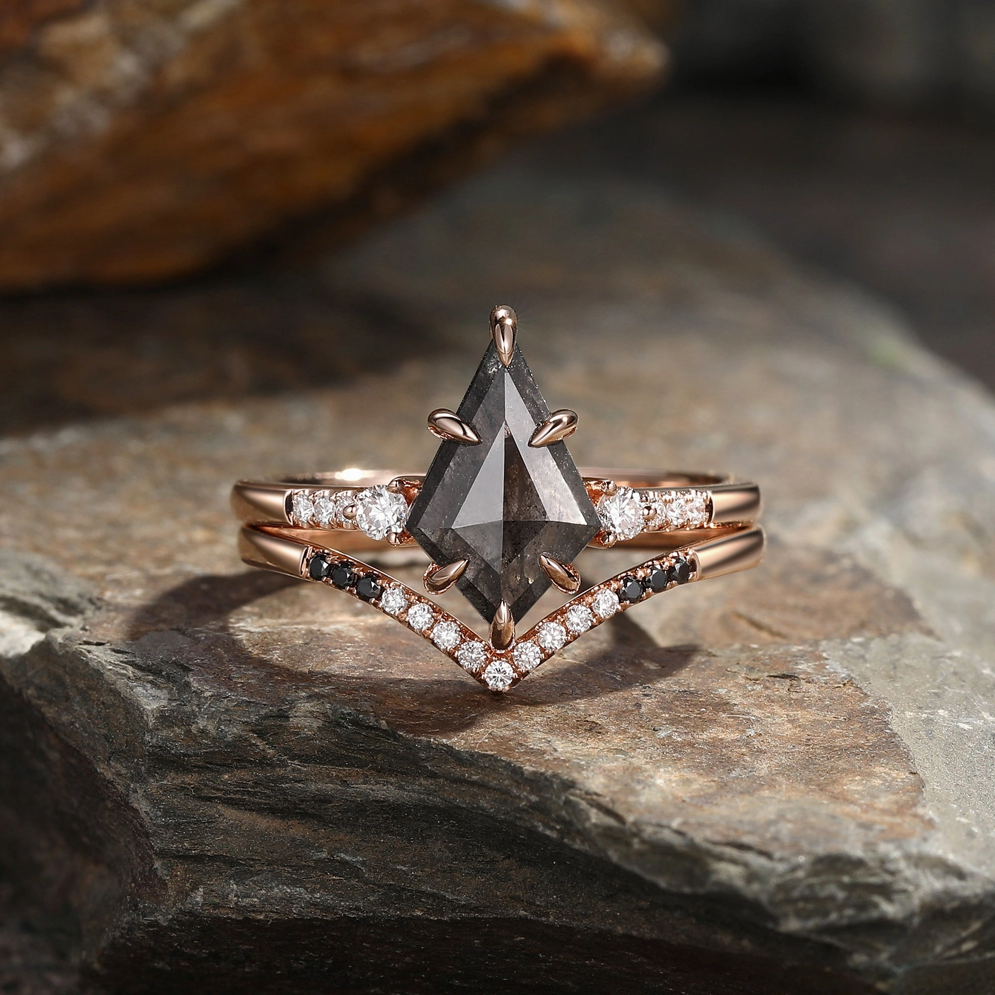 Past Inspired Modern Choice Salt and Pepper Diamonds & Black Moissanite Engagement Ring Set 2pcs