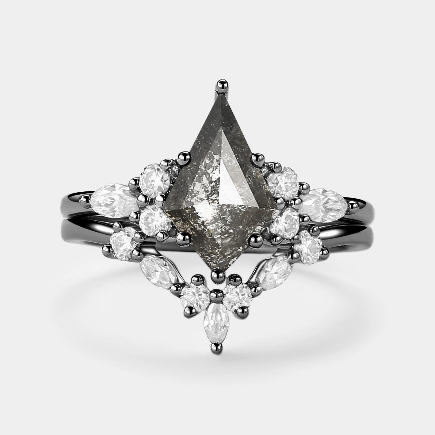 Salt and Pepper Diamonds Cluster Marquise Engagement Ring Set 2pcs Casual Fit festival look