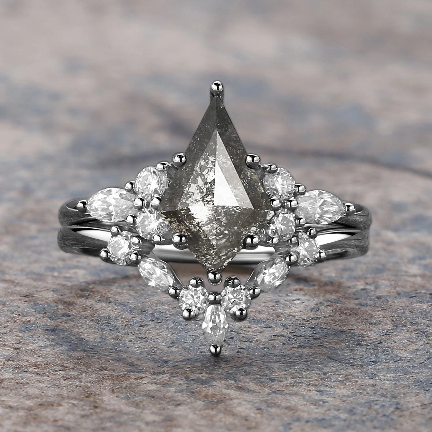 Simple Art Salt and Pepper Diamonds Cluster Marquise Engagement Ring Set 2pcs