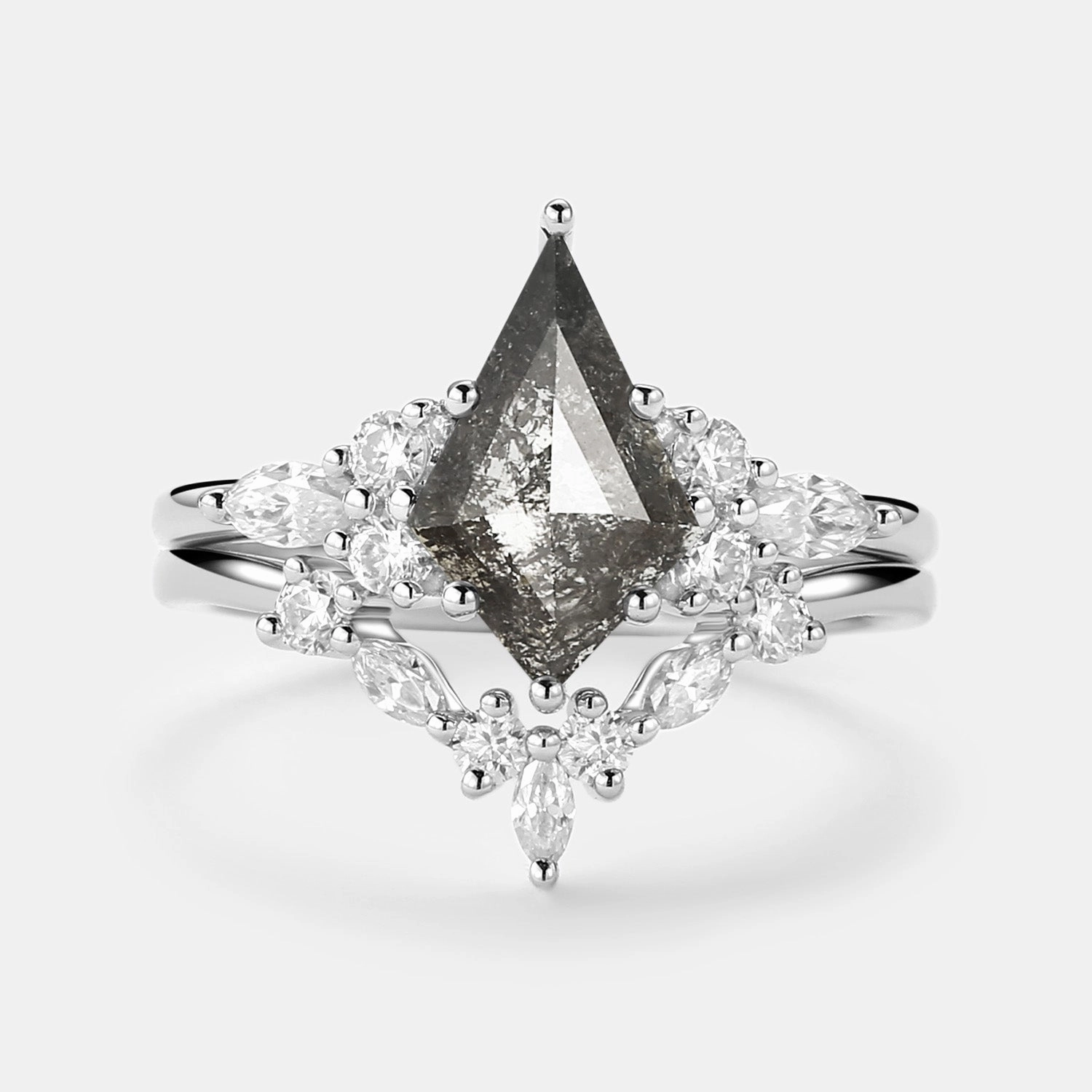 Salt and Pepper Diamonds Cluster Marquise Engagement Ring Set 2pcs Father??s Day Shimmer Detail