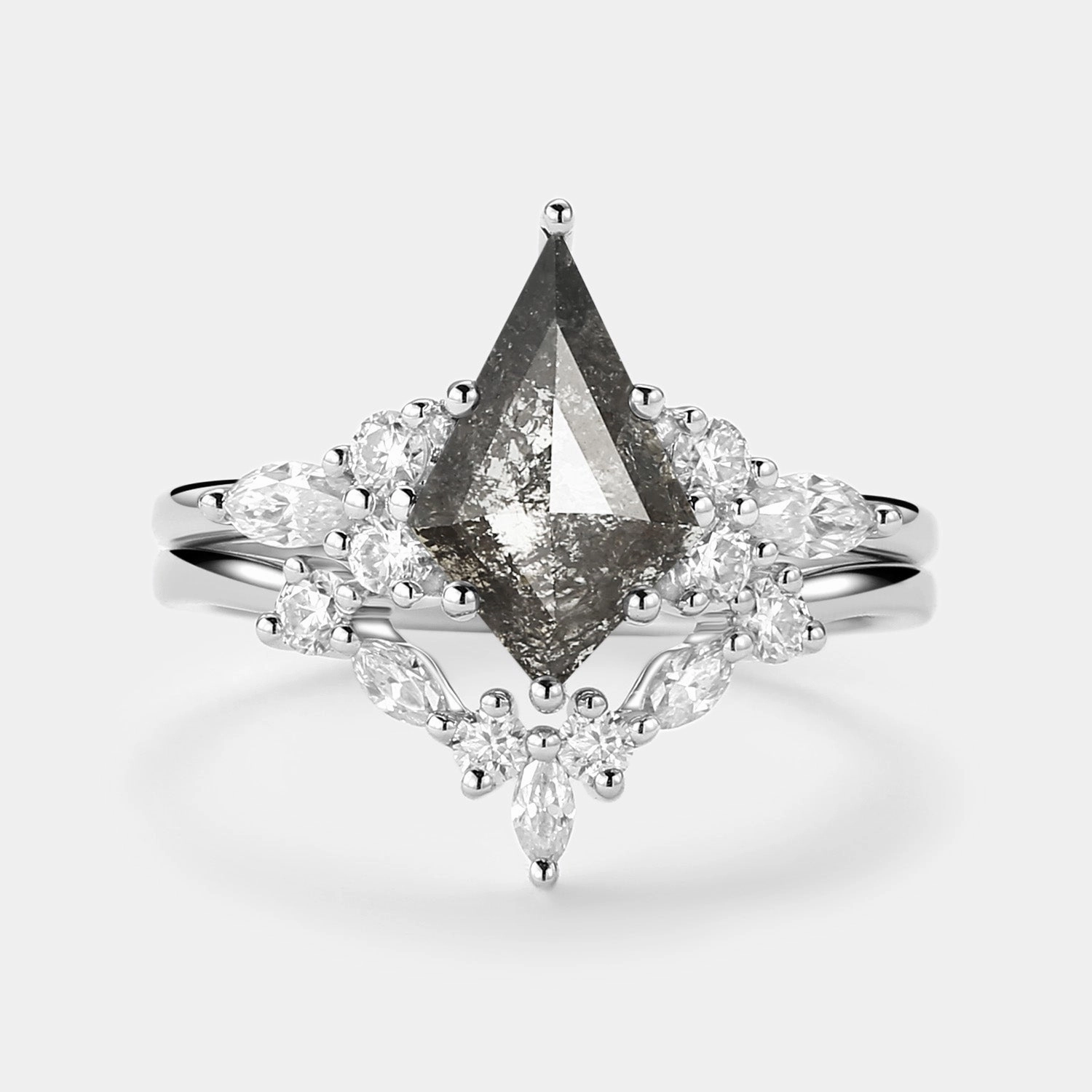 Salt and Pepper Diamonds Cluster Marquise Engagement Ring Set 2pcs Gift Look Brunch Date