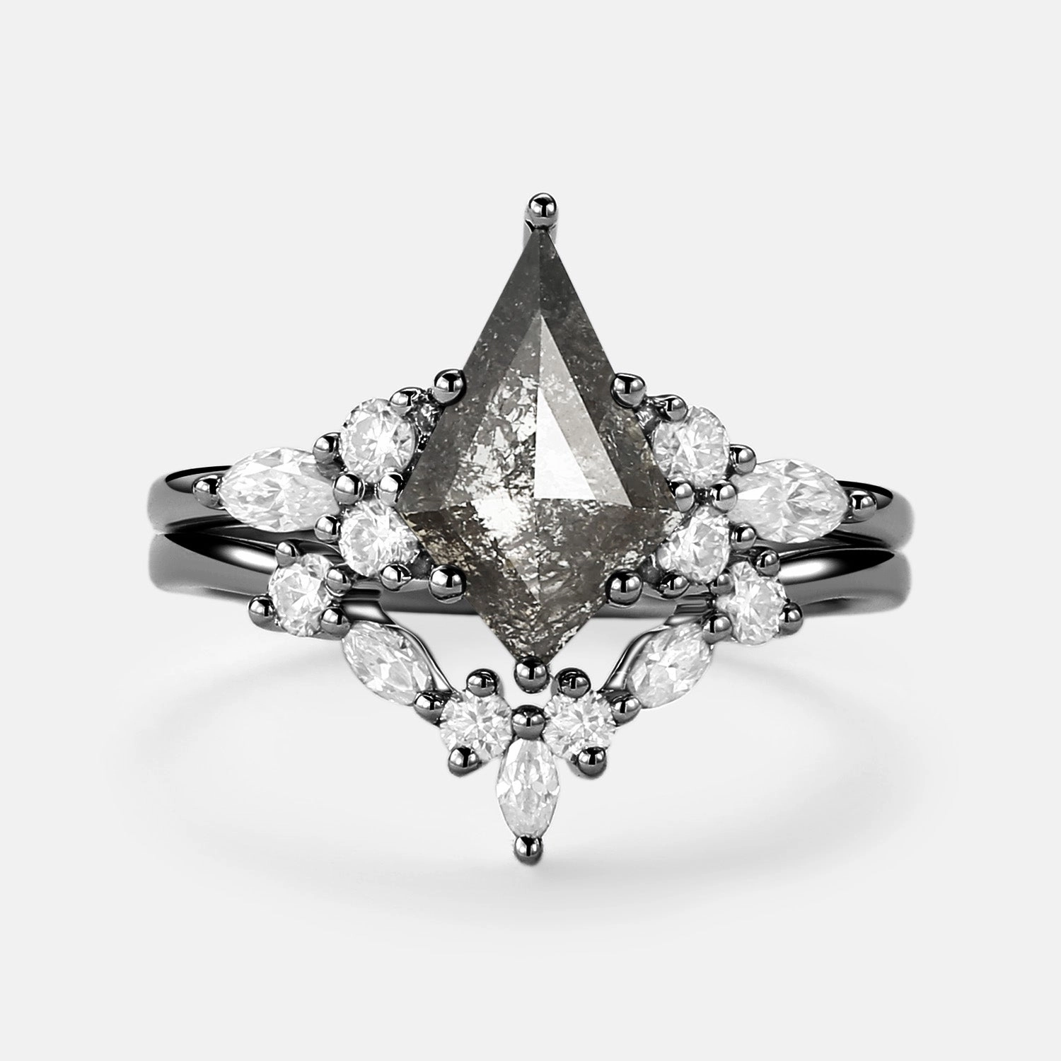 Salt and Pepper Diamonds Cluster Marquise Engagement Ring Set 2pcs Beautiful Symbol Artistic Sign