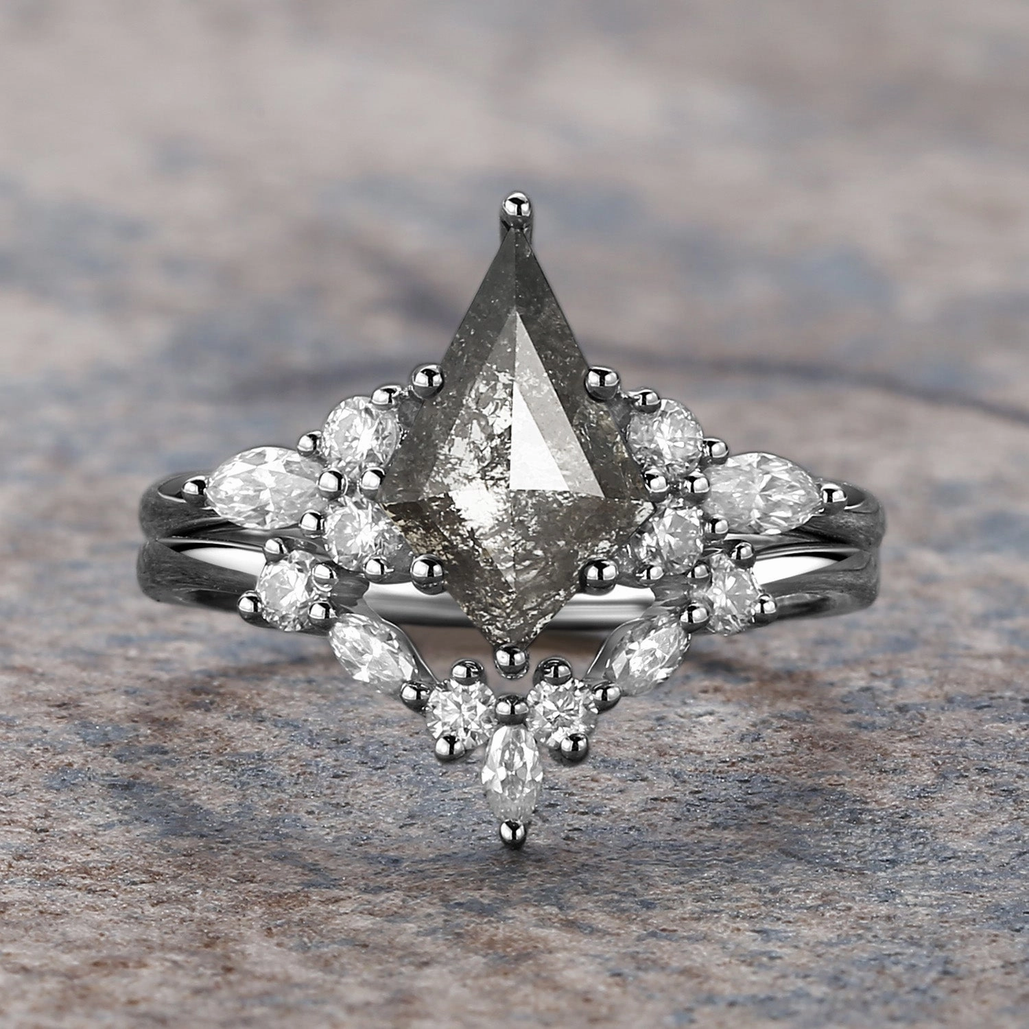 Salt and Pepper Diamonds Cluster Marquise Engagement Ring Set 2pcs Glam Detail