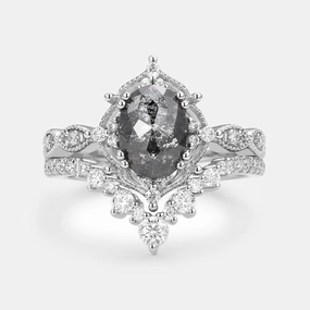 Simple Look Salt and Pepper Diamonds Engagement Ring Sets 2pcs - Charlotte