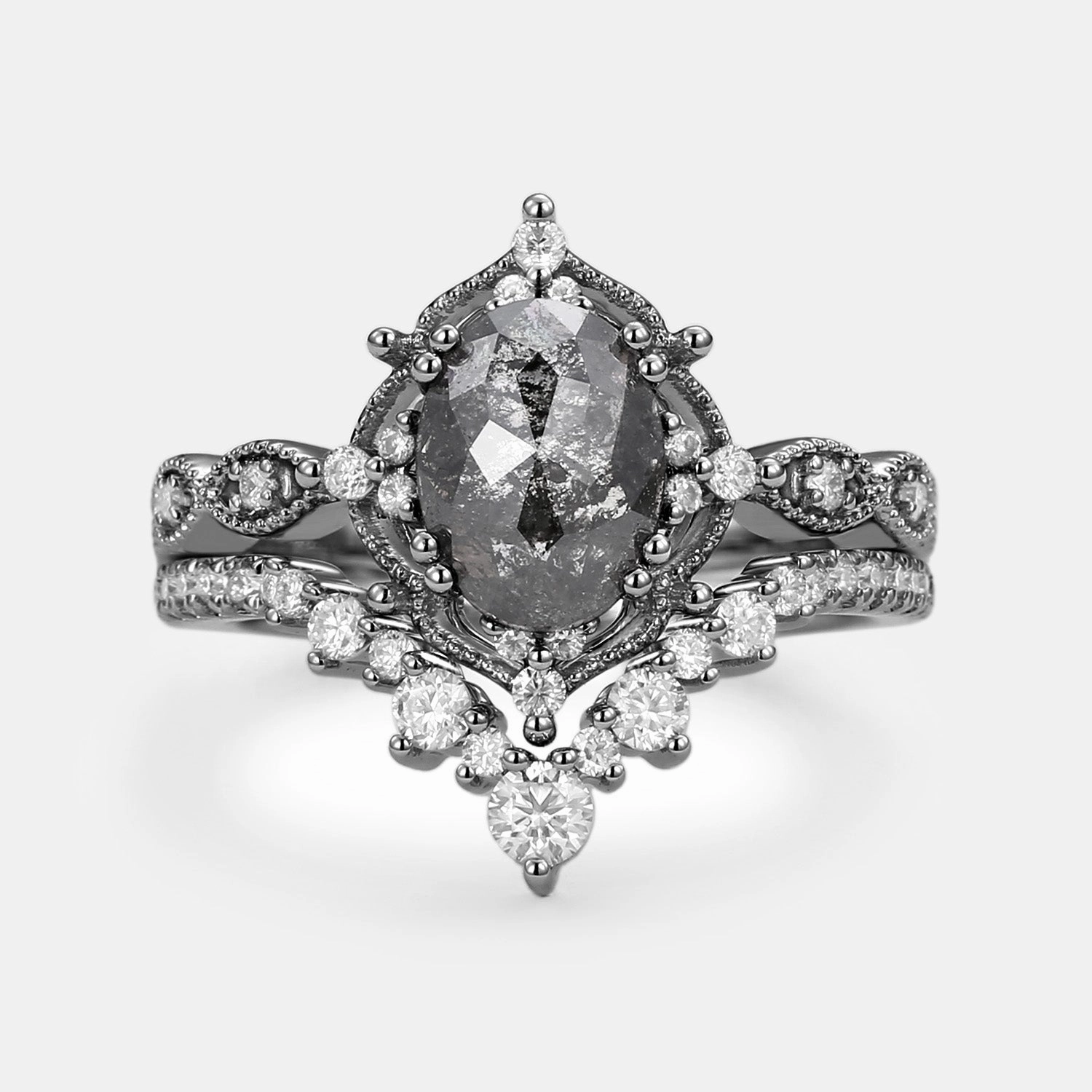 Modern Snap Classic Presence Salt and Pepper Diamonds Engagement Ring Sets 2pcs - Charlotte