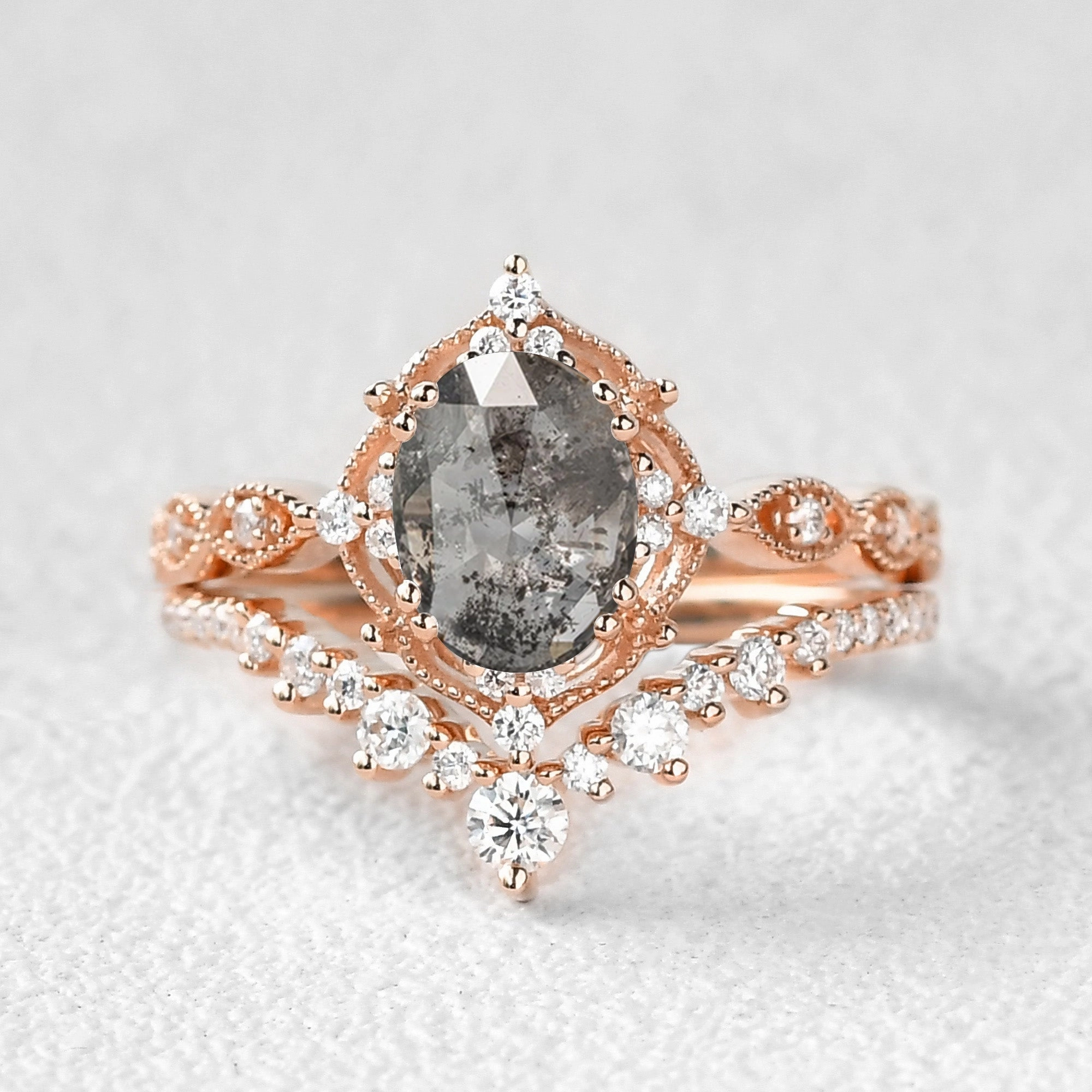 Vintage feel Glow Look Salt and Pepper Diamonds Engagement Ring Sets 2pcs - Charlotte