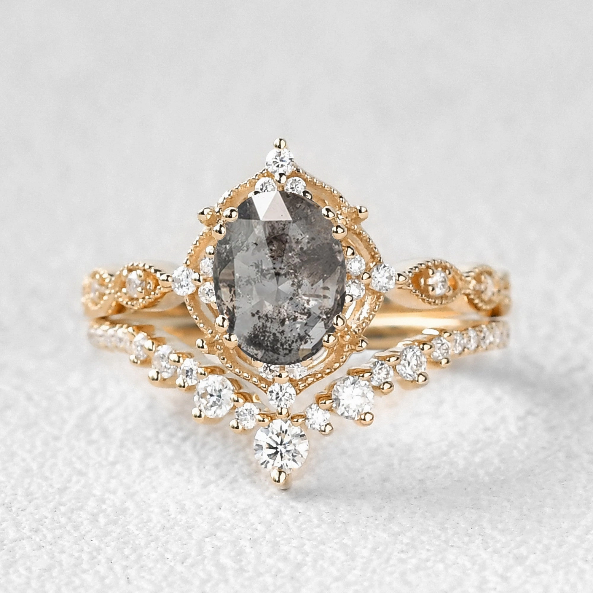 Soft Finish Salt and Pepper Diamonds Engagement Ring Sets 2pcs - Charlotte