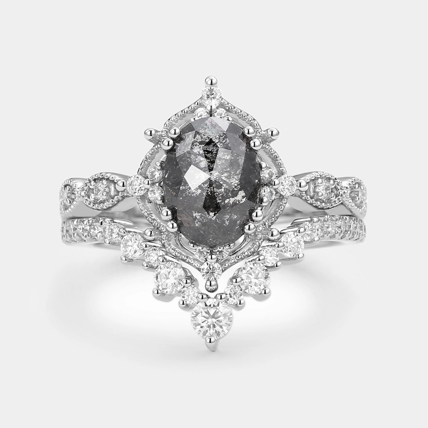 Salt and Pepper Diamonds Engagement Ring Sets 2pcs - Charlotte Luxury Gift
