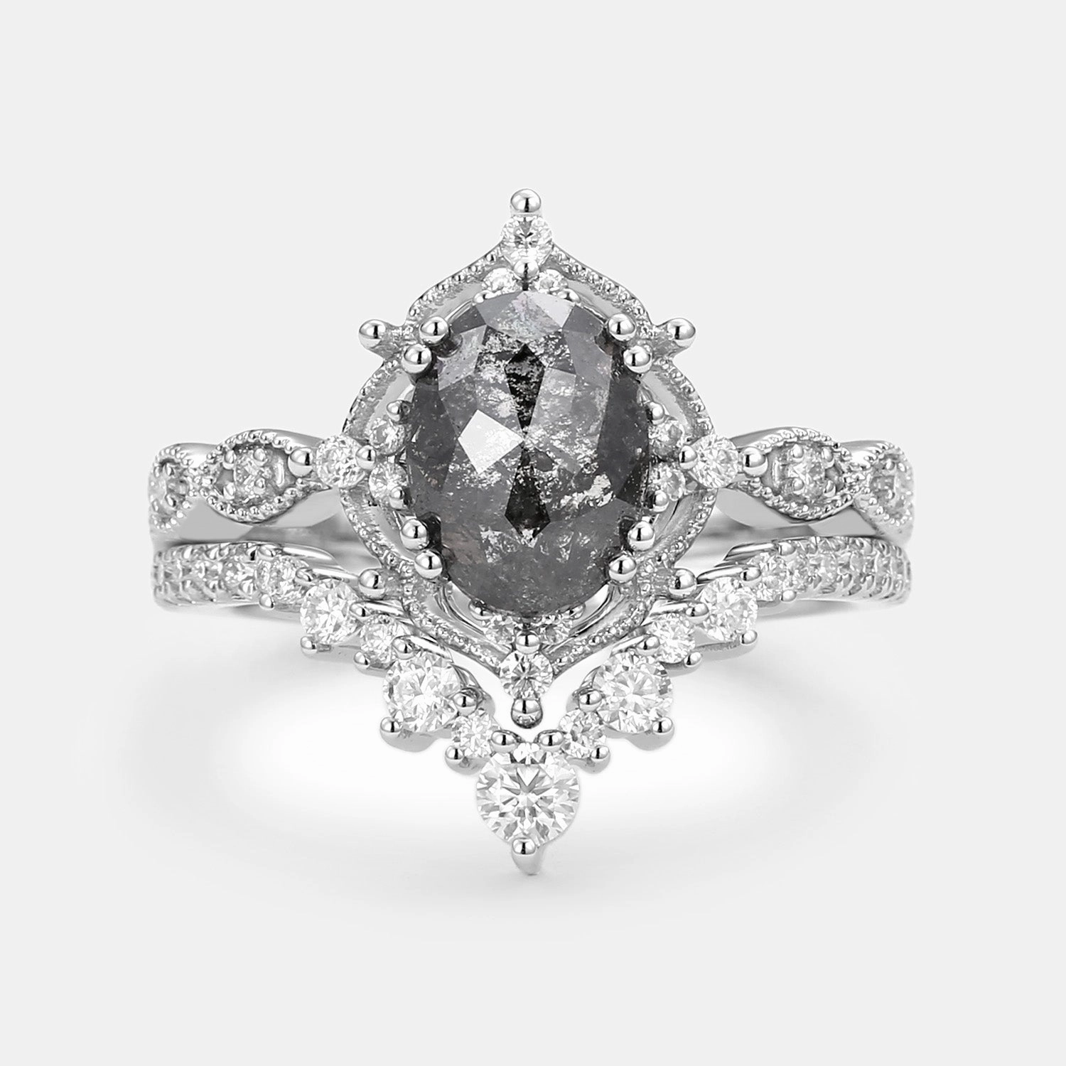 Beautiful Object Salt and Pepper Diamonds Engagement Ring Sets 2pcs - Charlotte