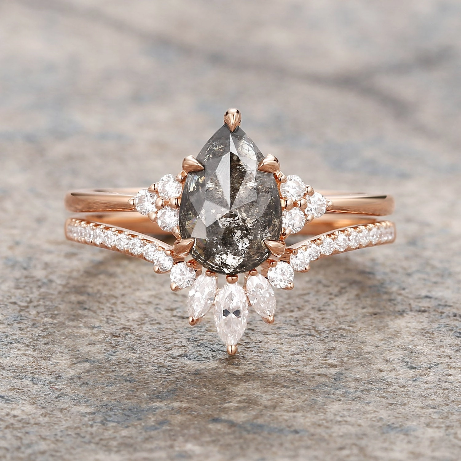 Salt and Pepper Diamonds Engagement Ring Sets 2pcs - Lydia Everyday Luxury