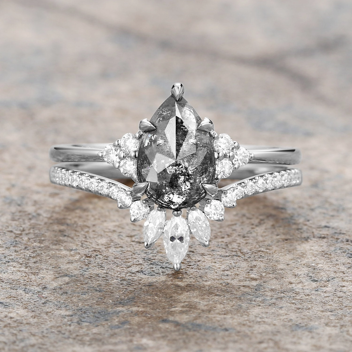 Salt and Pepper Diamonds Engagement Ring Sets 2pcs - Lydia Light Spark