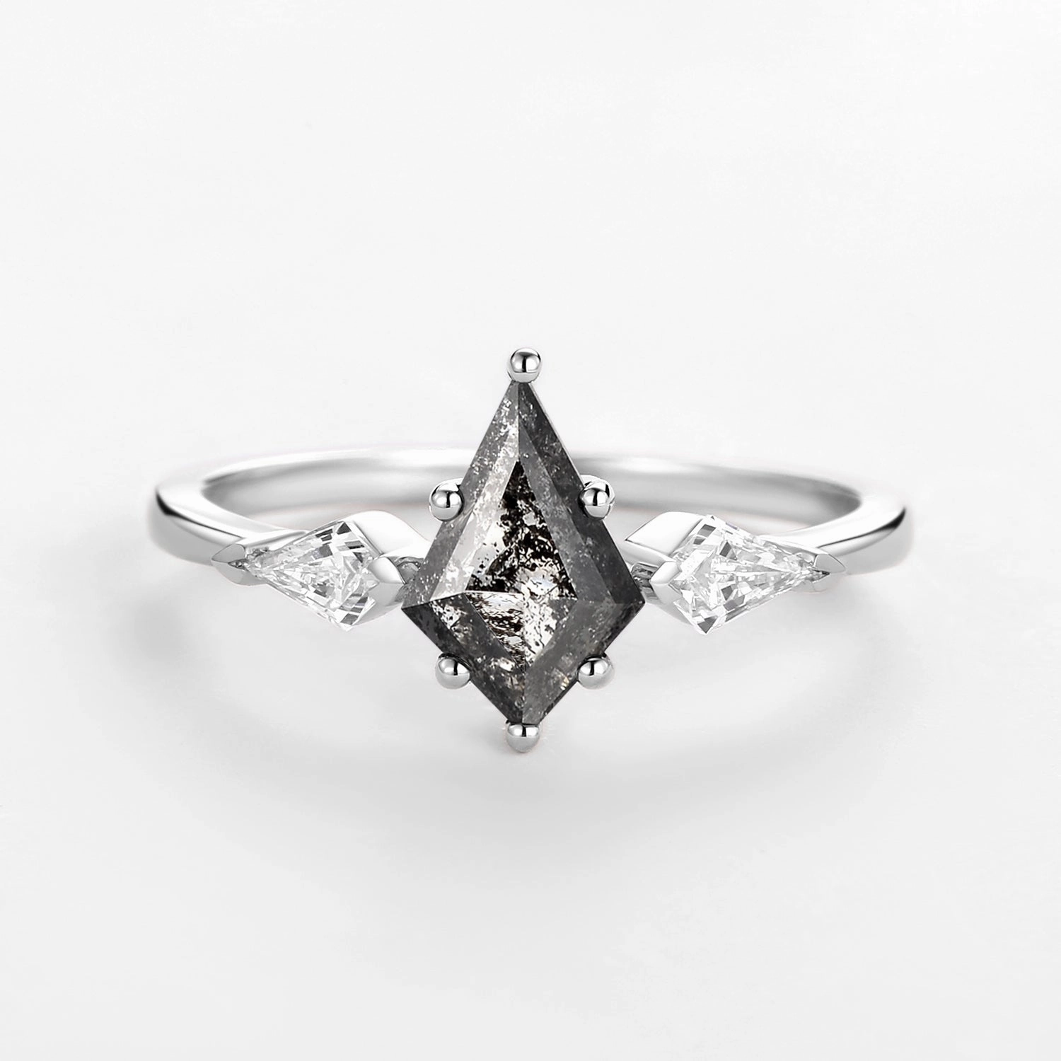 Ready to Wear Salt and Pepper Diamonds Kite Cut Three Stone Engagement Ring