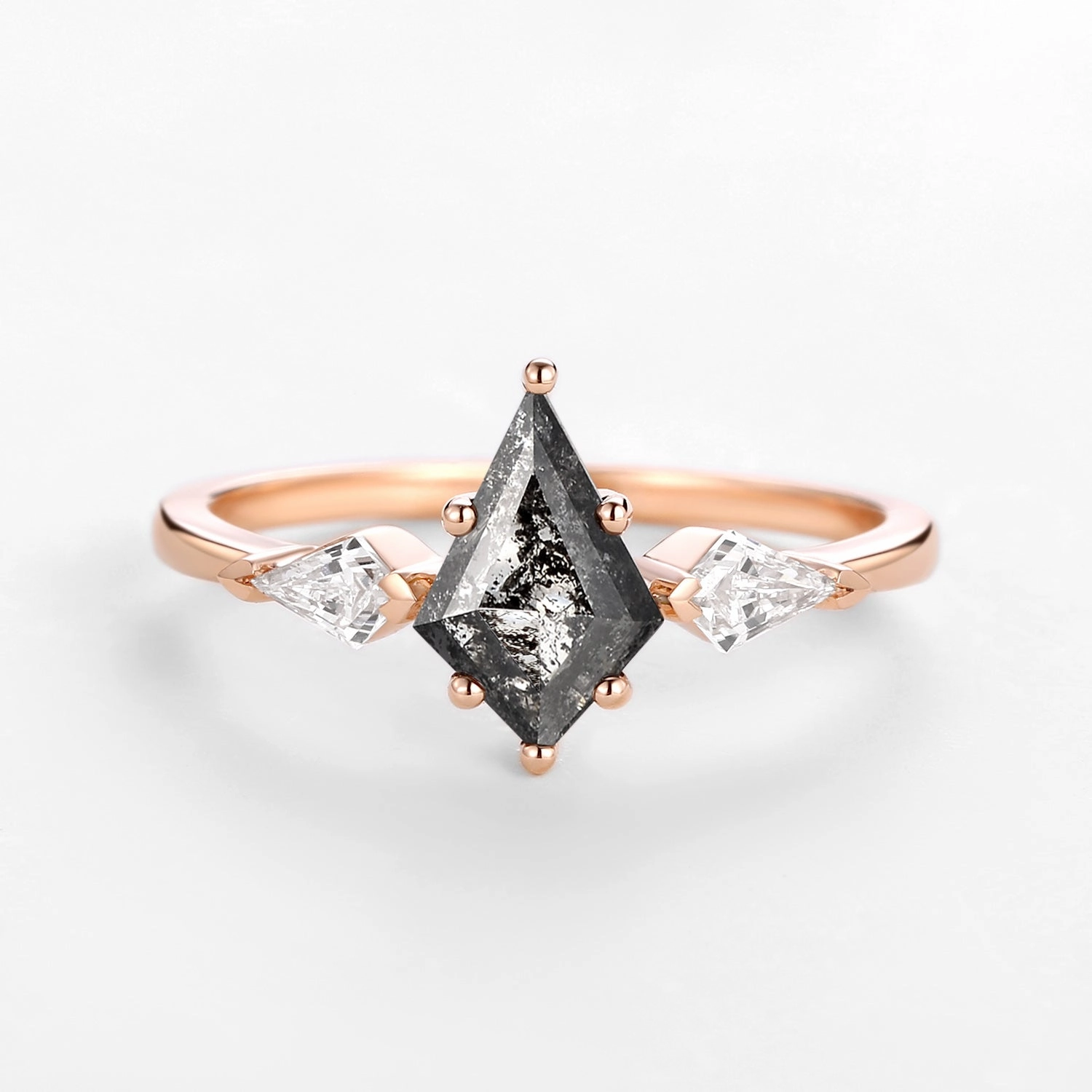 Salt and Pepper Diamonds Kite Cut Three Stone Engagement Ring Gloss Edge Creative Light