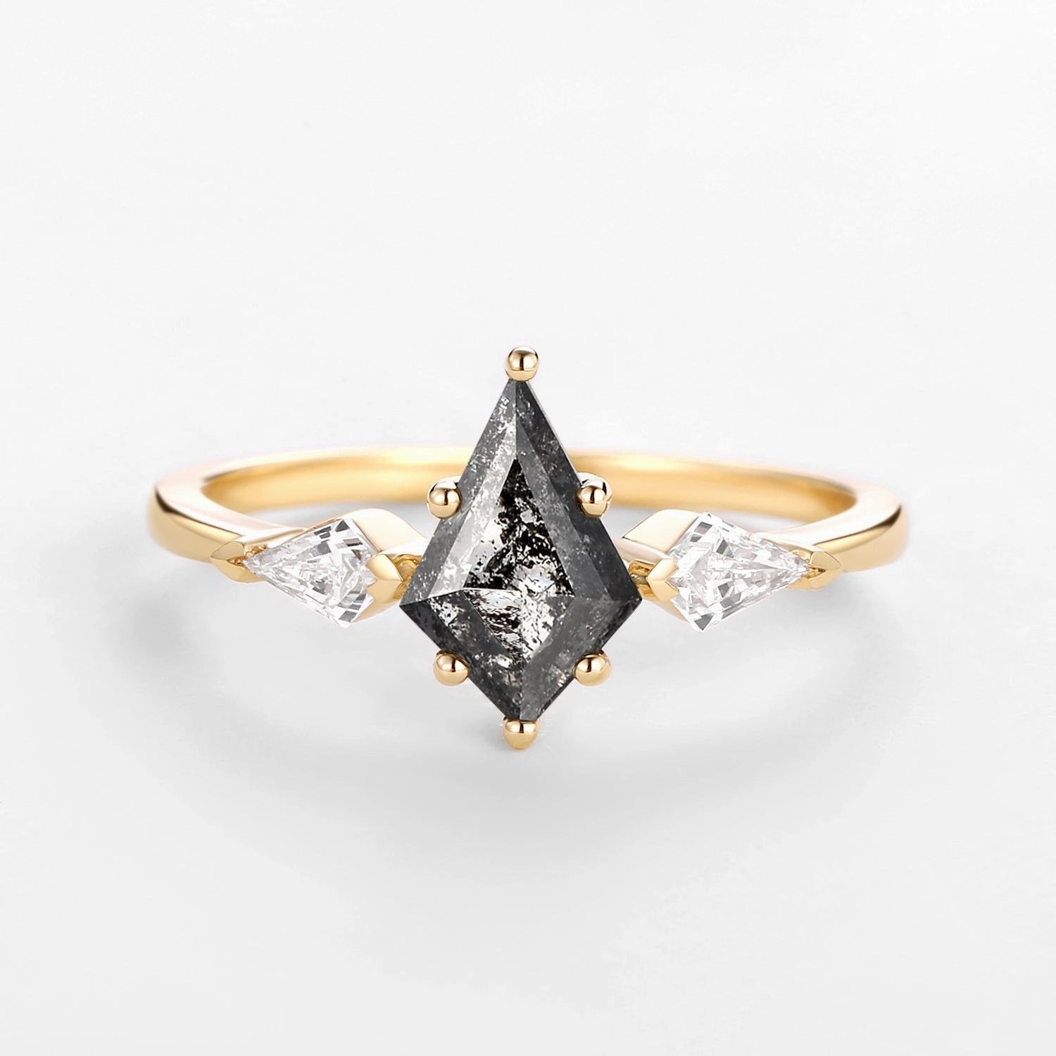 Salt and Pepper Diamonds Kite Cut Three Stone Engagement Ring Sparkle Surface Daily Favorite