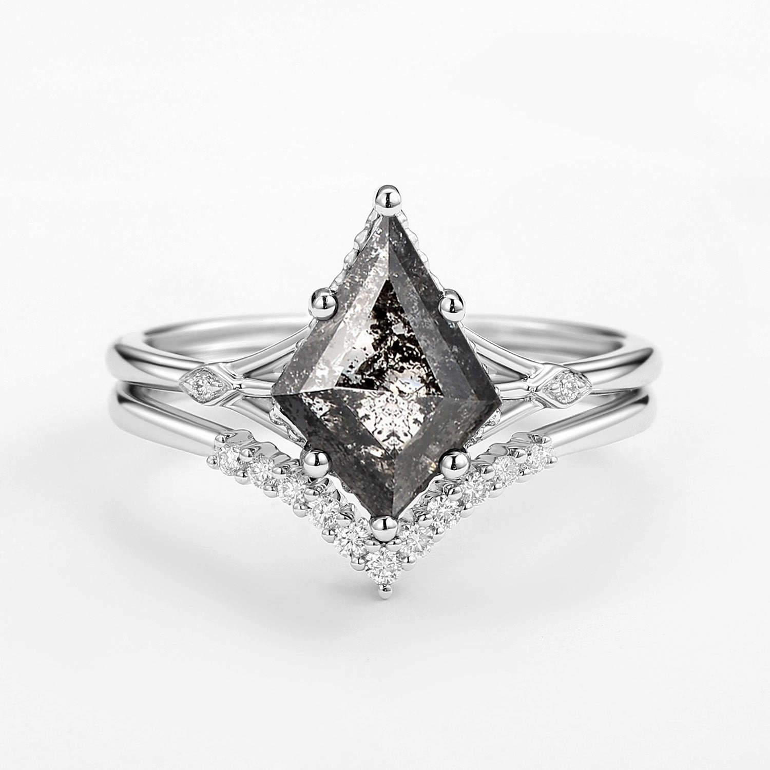 Salt and Pepper Diamonds Solid Gold Engagement Ring Set 2pcs Elegant Addition Holiday Present