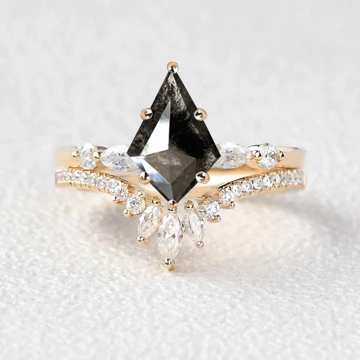 Essential Gift Salt and Pepper Diamonds Yellow Gold Engagement Ring Set 2pcs