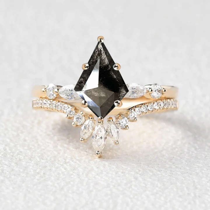 Timeless Accent Salt and Pepper Diamonds Yellow Gold Engagement Ring Set 2pcs