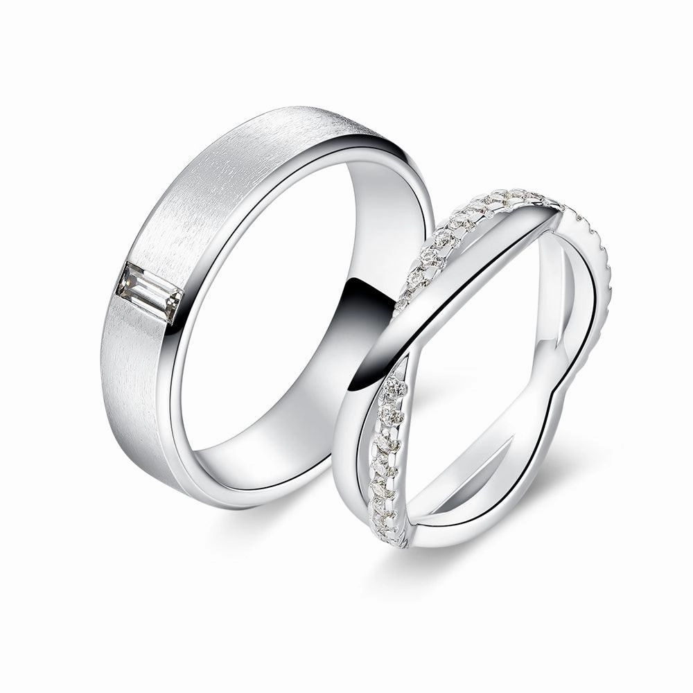 Satin Finish Emerald Cut and Infinity Moissanite Eternity Couple's Ring Set Charming Treasures