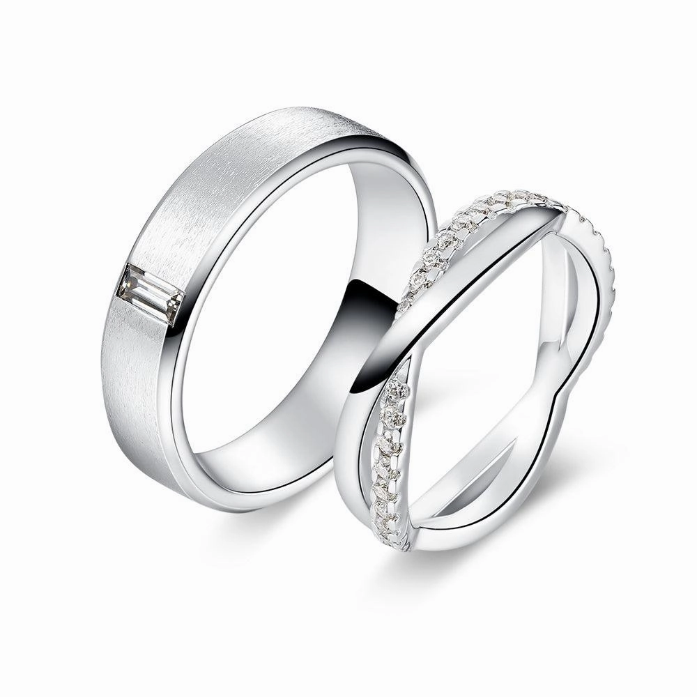 Satin Finish Emerald Cut and Infinity Moissanite Eternity Couple's Ring Set Radiant Pieces