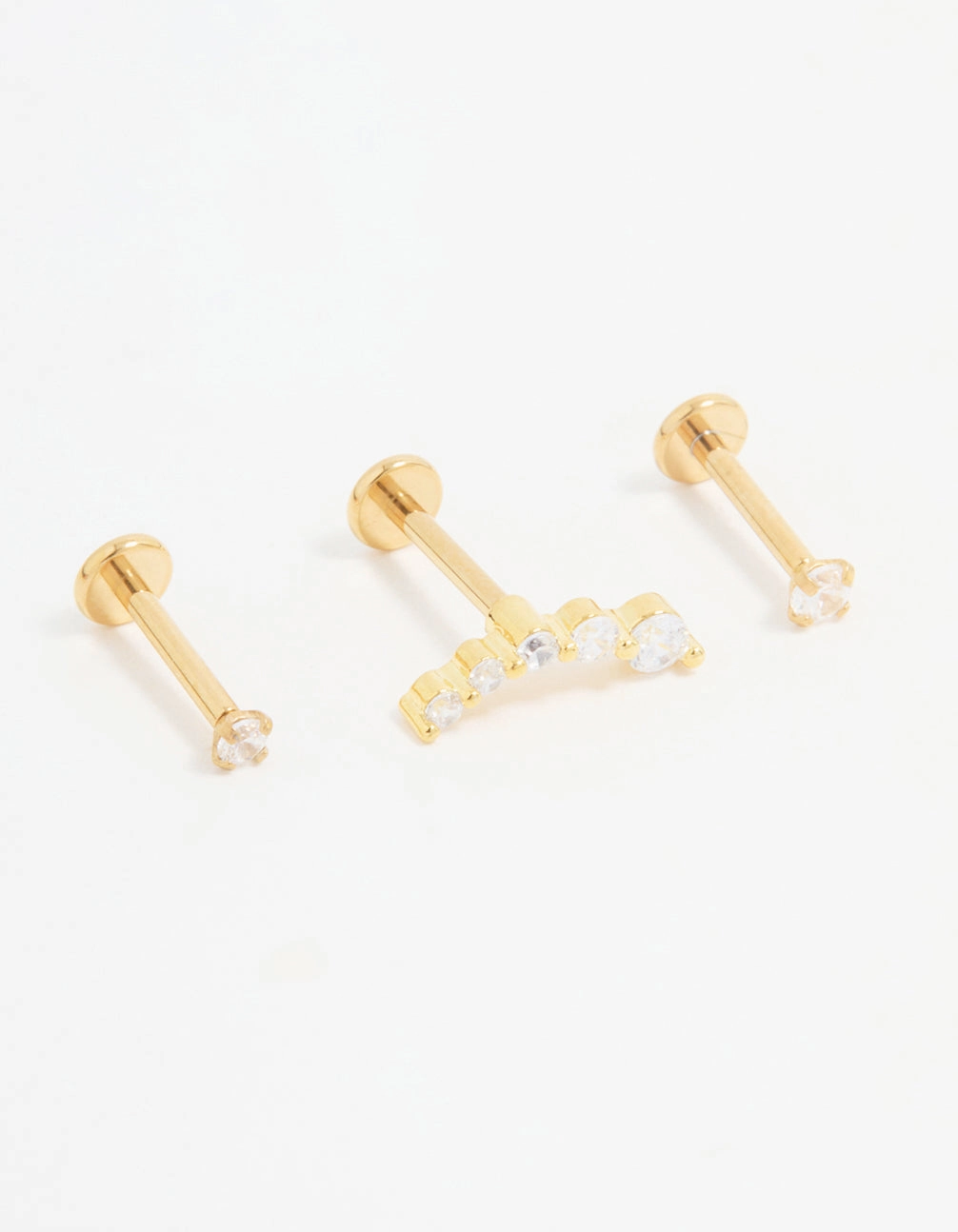 Fashion Jewelry Look Gold Plated Titanium Cubic Zirconia Ball Flat Back Studs 3-Pack
