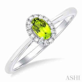 Quality Craft Animal Print 5x3 MM Oval Shape Peridot and 1/20 Ctw Single Cut Diamond Halo Semi-Precious Ring in 14K White Gold