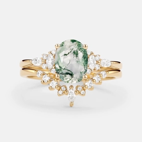 Oval Cut Moss Agate Classic Cluster Gold Ring Set 2pcs - Freya Unique Accessory