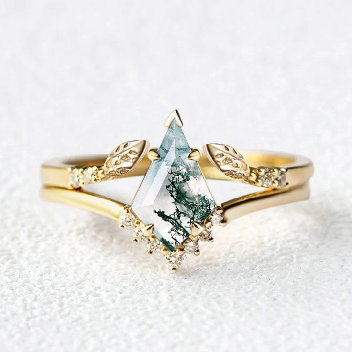 Cozy Layers Kite Cut Moss Agate Gold Leafy Engagement Ring Sets 2pcs