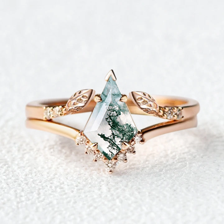Kite Cut Moss Agate Gold Leafy Engagement Ring Sets 2pcs Brunch Outfit