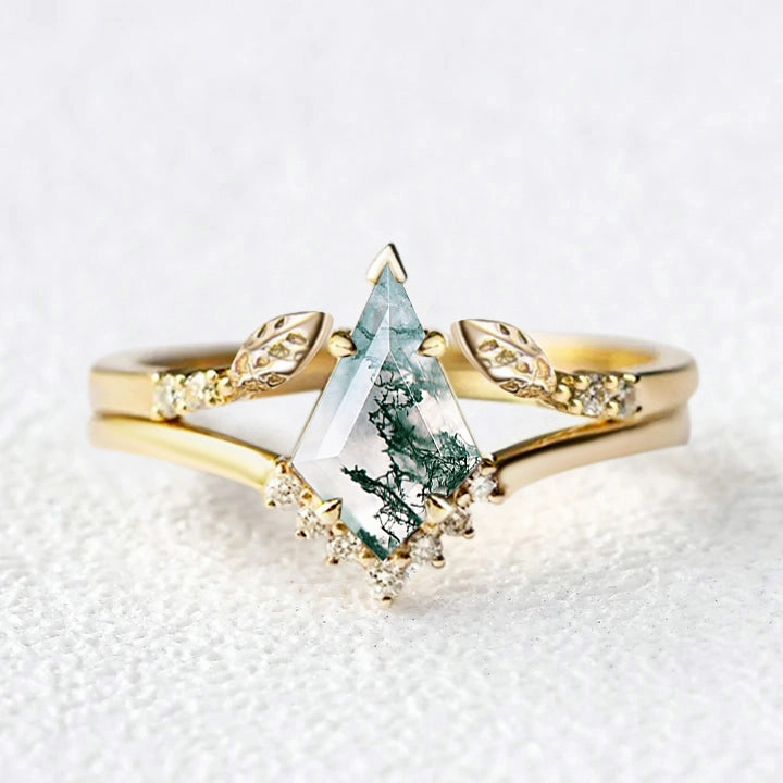 Polished Touch Refined Simplicity Kite Cut Moss Agate Gold Leafy Engagement Ring Sets 2pcs