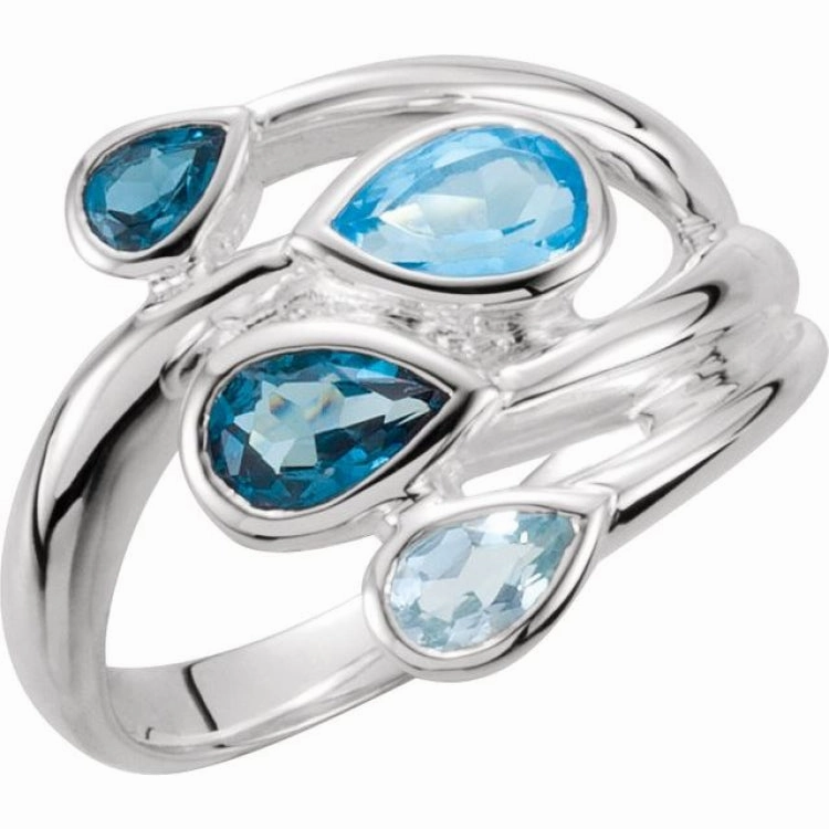Sterling Silver Natural Sky Blue, Natural London Blue & Natural Swiss BlueTopaz Bypass Ring Cultural Accent