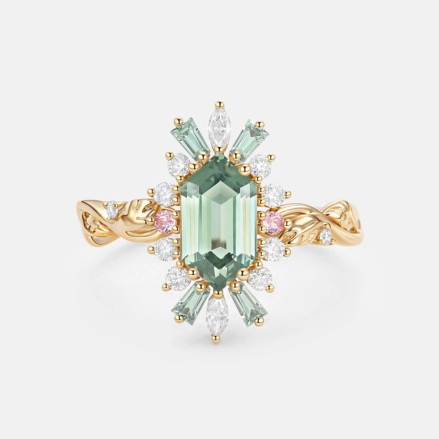 Unique Item Timeless Balance Vintage Halo Lab Green Sapphire Elongated Hexagon Engagement Ring - Artemis