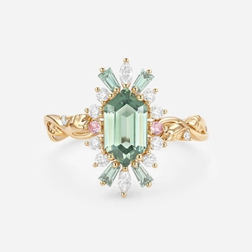 Unique Item Timeless Balance Vintage Halo Lab Green Sapphire Elongated Hexagon Engagement Ring - Artemis