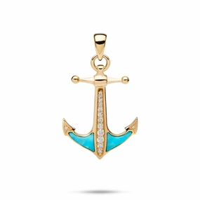 Sealife Anchor Turquoise Pendant in Gold with Diamonds - 28mm Breezy Style