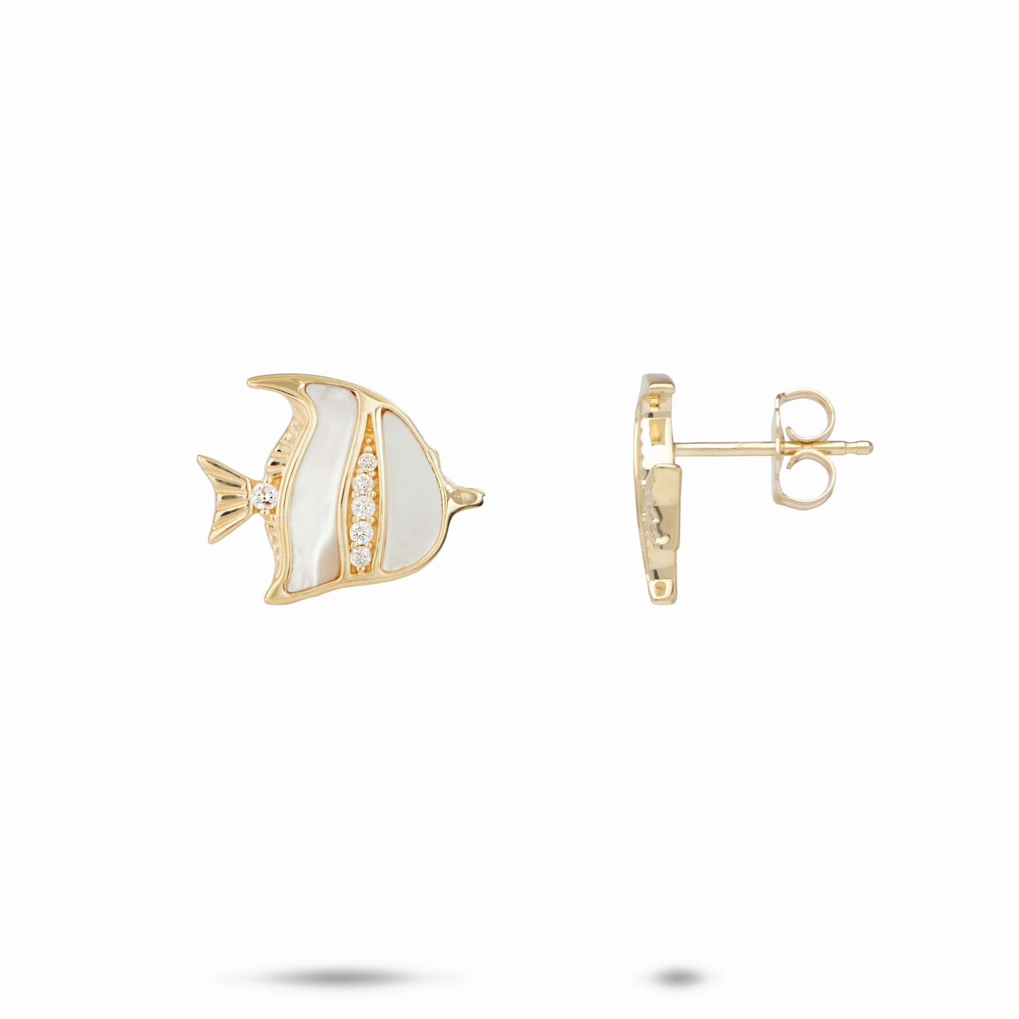 Sealife Angelfish Mother of Pearl Earrings in Gold with Diamonds - 12mm Bright Mood Timeless Charm