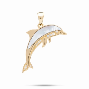 Sealife Dolphin Mother of Pearl Pendant in Gold with Diamonds - 29mm Subtle Glow Radiant Finish Pieces