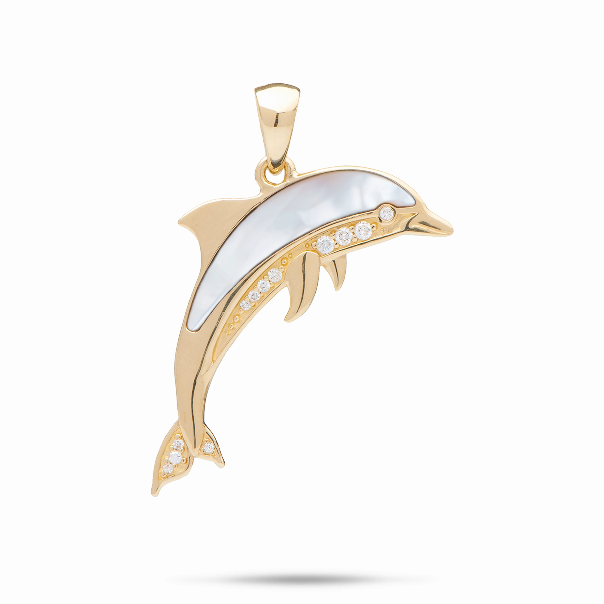 Sealife Dolphin Mother of Pearl Pendant in Gold with Diamonds - 29mm Subtle Glow Radiant Finish Pieces