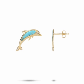 Sealife Dolphin Turquoise Earrings in Gold with Diamonds Premium Finish
