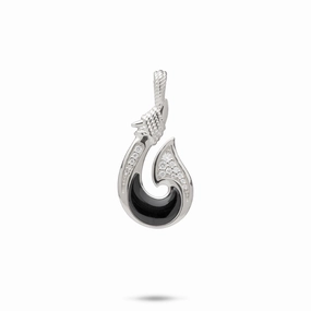 Chic Feature Evening Mood Sealife Fish Hook Black Coral Pendant in White Gold with Diamonds - 27mm