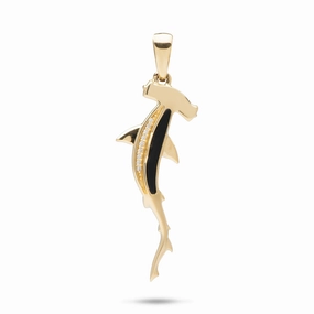 Sealife Hammerhead Shark Black Coral Pendant in Gold with Diamonds - 34mm Playful Spark