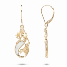 Sleek Outline Quiet Grace Sealife Mermaid Mother of Pearl Earrings in Gold with Diamonds - 24mm