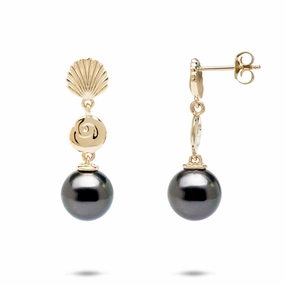 Seashells Tahitian Black Pearl Earrings in Gold - 9-10mm Vibrant Sparkle