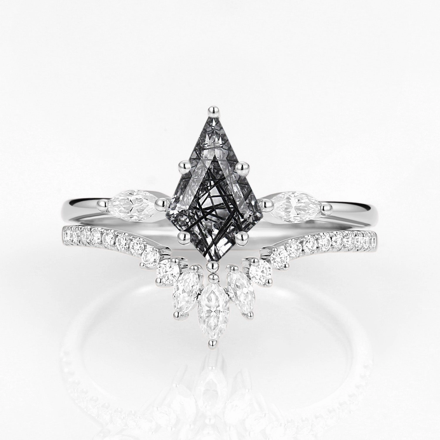 Daily Spark Secure Piece Kite Cut Black Rutilated Quartz Ring Set 2pcs - Jream