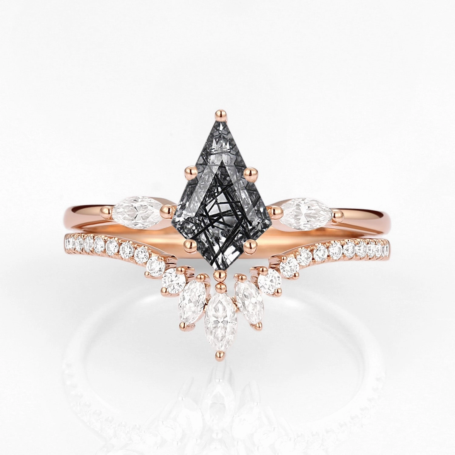 Kite Cut Black Rutilated Quartz Ring Set 2pcs - Jream Artistic Craft