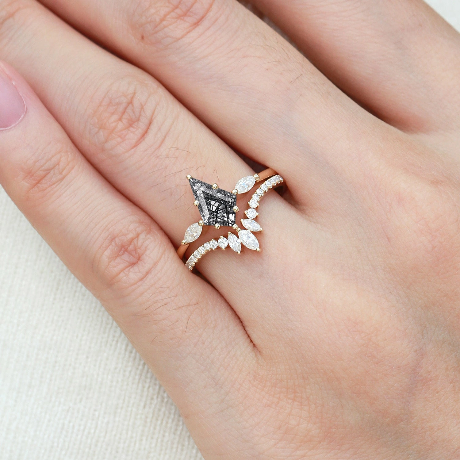 Youthful Accessory Fashion Treat Kite Cut Black Rutilated Quartz Ring Set 2pcs - Jream