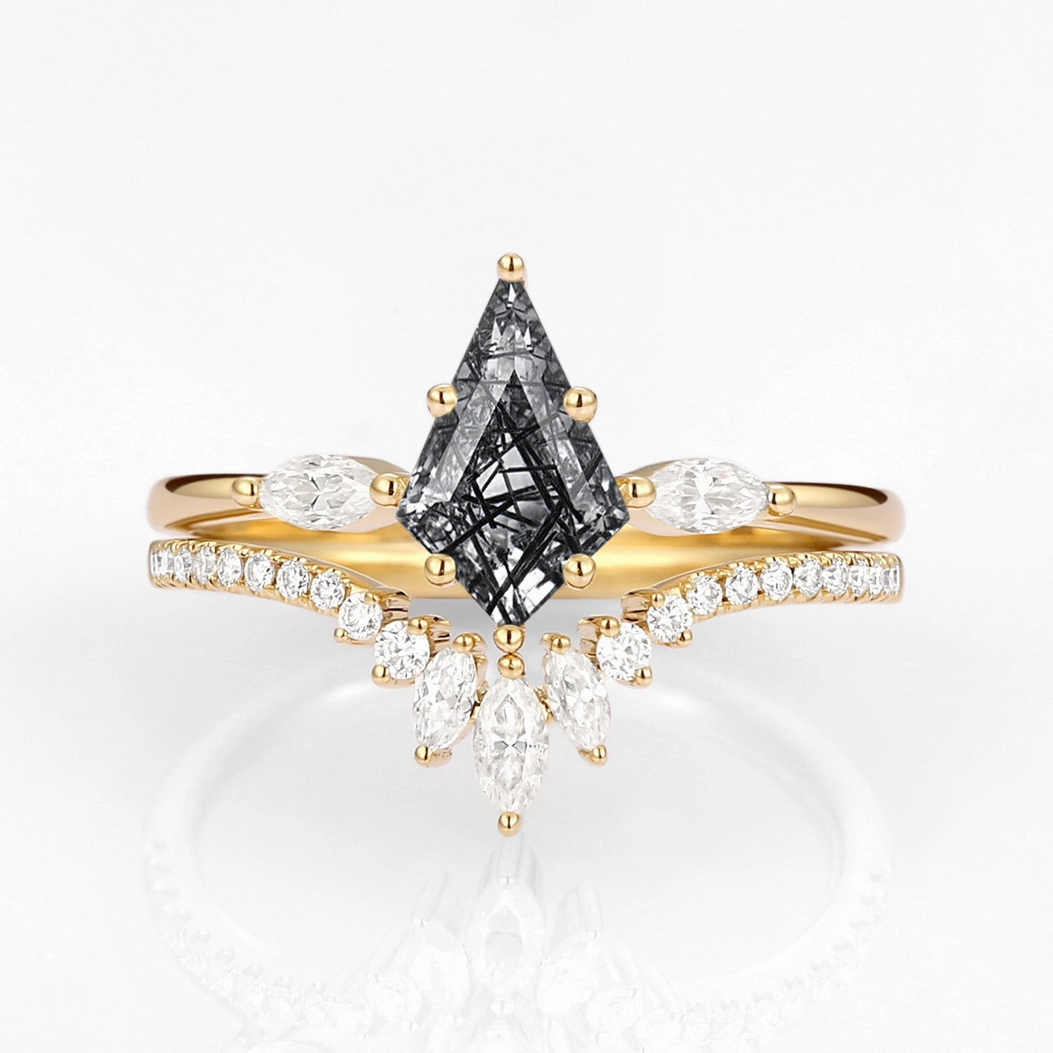 Luxury Appeal Kite Cut Black Rutilated Quartz Ring Set 2pcs - Jream